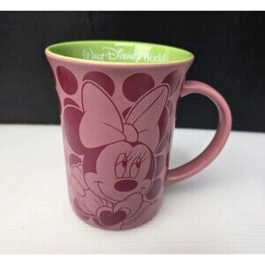 Disney World Park Minnie Mouse Coffee Mug Cup Pink Green w/ Polka Dots 16oz